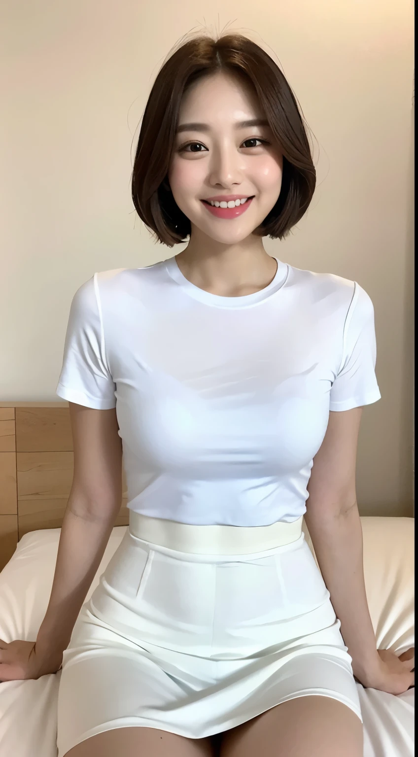 White tight shirt、White Mini Skirt、bed、smile、Short sleeve、high resolution、Korean idol face、double eyelid、White teeth、short hair、Kuroku