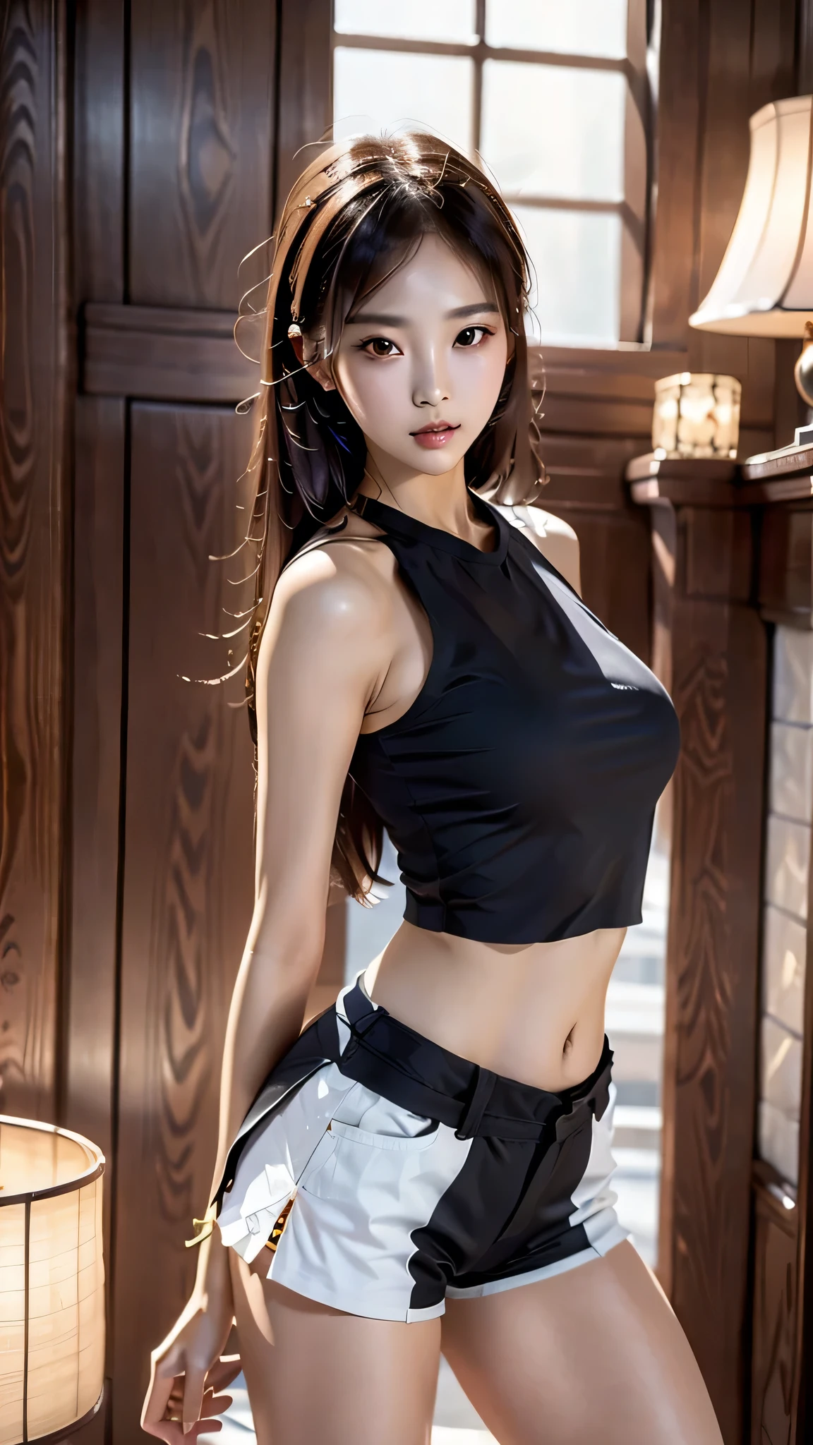 masterpiece, best quality, 1 girl, detailed beautiful face, (ninja), (flat chest), (small breast), midnight city, ponytail, miniskirt, navel, fishnet