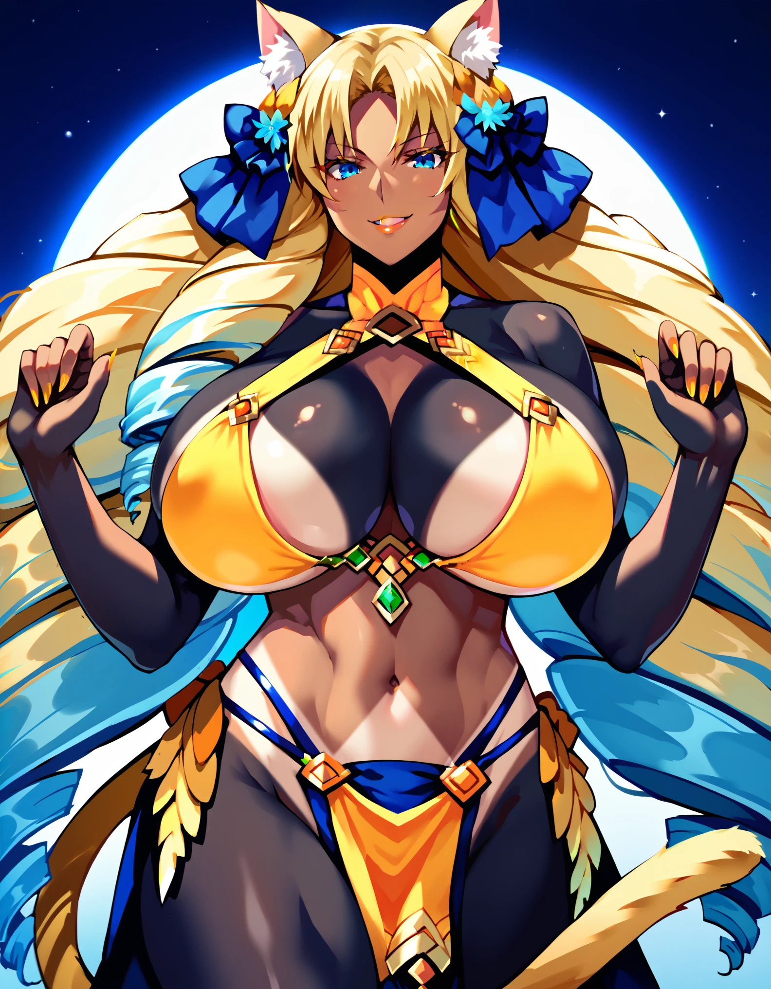 masterpiece, score_9, score_8_up, score_7_up, source_anime, best quality, extremely detailed, 1girl, milf, solo, (colored skin, black skin:1.8), tanlines, Astraea(fate), (huge breasts), ((((blonde hair), long hair, drill hair, blue eyes, cat ears, yellow cat tail, two tails))), parted lips, (((bikini, navel, pelvic curtain))), ((naughty smile), closed mouth), ((bedroom))