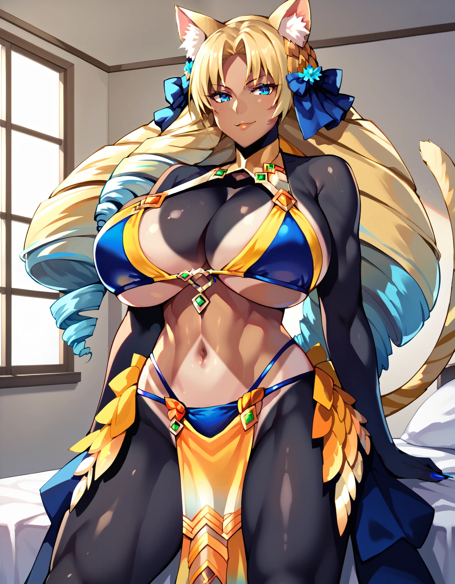 masterpiece, score_9, score_8_up, score_7_up, source_anime, best quality, extremely detailed, 1girl, milf, solo, (colored skin, black skin:1.8), tanlines, Astraea(fate), (huge breasts), ((((blonde hair), long hair, drill hair, blue eyes, cat ears, yellow cat tail, two tails))), parted lips, (((bikini, navel, pelvic curtain))), ((naughty smile), closed mouth), ((bedroom))