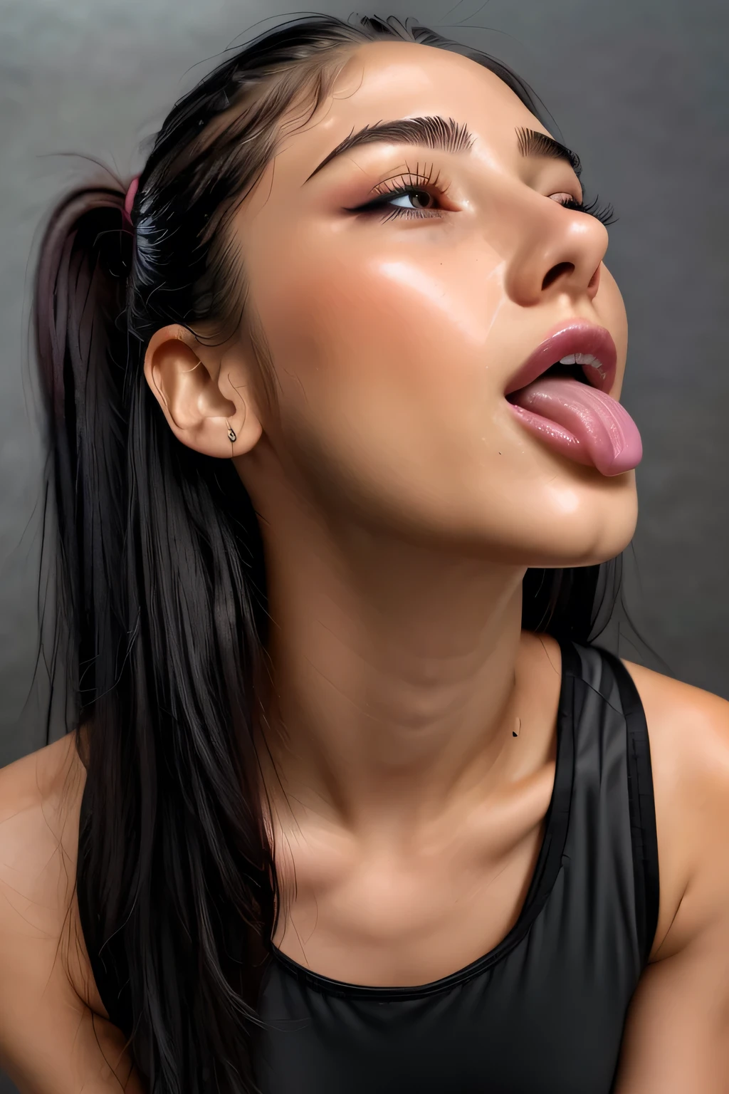 Taylor Hill、High resolution realistic photos,8k,Realistic skin texture,1 girl,Tabletop,Awards - Winning Photos, Very detailed, Close your eyes, Nose and mouth,Face Focus, Face close-up、Woman with open mouth and closed eyes, Black camisole、20-year-old,Black-haired、Symmetrical face,Realistic nostrils、Angle from below、Elongated C-shaped nostrils,((Gray background))、Sweaty skin、Lighting that highlights glowing skin caused by sweat、((Sharp Nose))Skin shiny with sweat、Glowing Skin、Sweaty hair、sunlight、(Brow wrinkles)((Frowning))（cum on tongue)、Deep Kiss、((Thin eyebrows))((Oily skin、Glowing Skin))、double eyelid、Wet and shiny tongue、Tied Hair、updo、Lift your head(((Long Tongue, traces of saliva)))((Super wet skin))(((Profile with a wide nasal septum,nasal septum,profile)))((Detailed eyelashes))