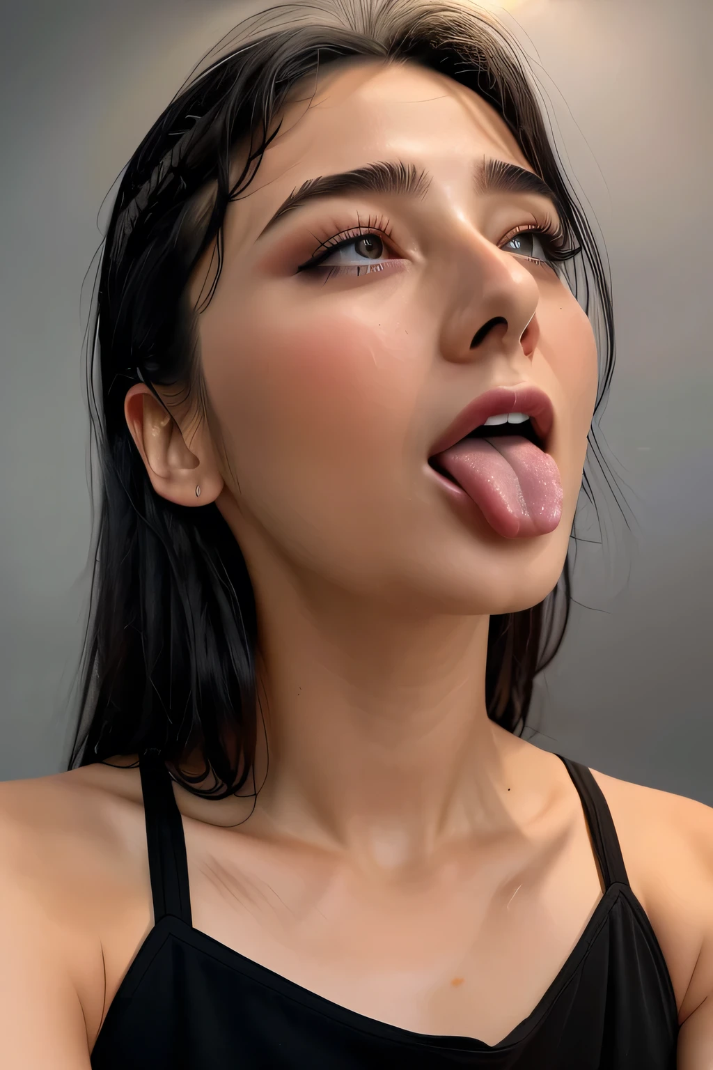 Taylor Hill、High resolution realistic photos,8K,Realistic skin texture,to be born々New People々々々,1 Girl,Tabletop,,Awards - Winning Photos, Very detailed, Focus your eyes, Nose and mouth,Face Focus, Extreme close up of face、Woman with open mouth and closed eyes, Black camisole、20-year-old,Black-haired、Symmetrical face,Realistic nostrils、Angle from below、Elongated C-shaped nostrils,((Gray background))、Sweaty skin、Lighting that emphasizes glowing skin caused by sweat、((Sharp Nose))Skin shiny with sweat、Shiny skin、Sweaty hair、sunlight、(Brow wrinkles)((Frowning))（cum on tongue)、Deep Kiss、((Thin eyebrows))((Oily skin、Glowing Skin))、double eyelid、Wet and shiny tongue、Tied Hair、updo、Lift your head(((Long Tongue, Saliva trace)))((super wet skin))