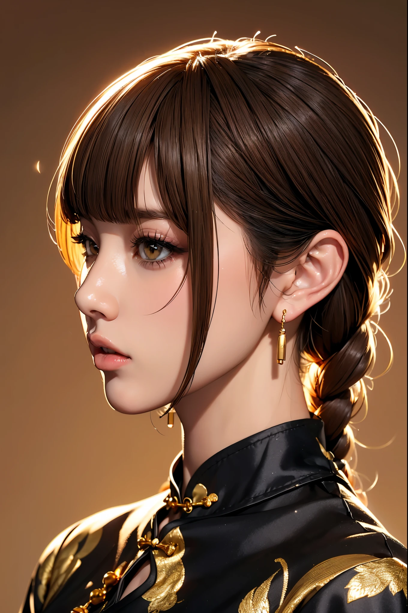 Realistic, masterpiece, Highest quality, Highest Resolution, Anatomically correct, Accurate Anatomy, 7 heads, Height: 165cm, One Japanese woman, A sharp expression with some teeth showing, Profile staring into the distance, Fine and beautiful eyes, Sparkling eyes, Thin eyebrows, Gives lashes a delicate finish, False eyelashes, (Chinese traditional makeup:1.2), (Braided hair, Blunt bangs, Brown Hair:1.2), Detailed face, Sharp Eyes, (Classic black and gold cheongsam, Fitted clothing:1.3), Bust up photo, Blank background in warm colors