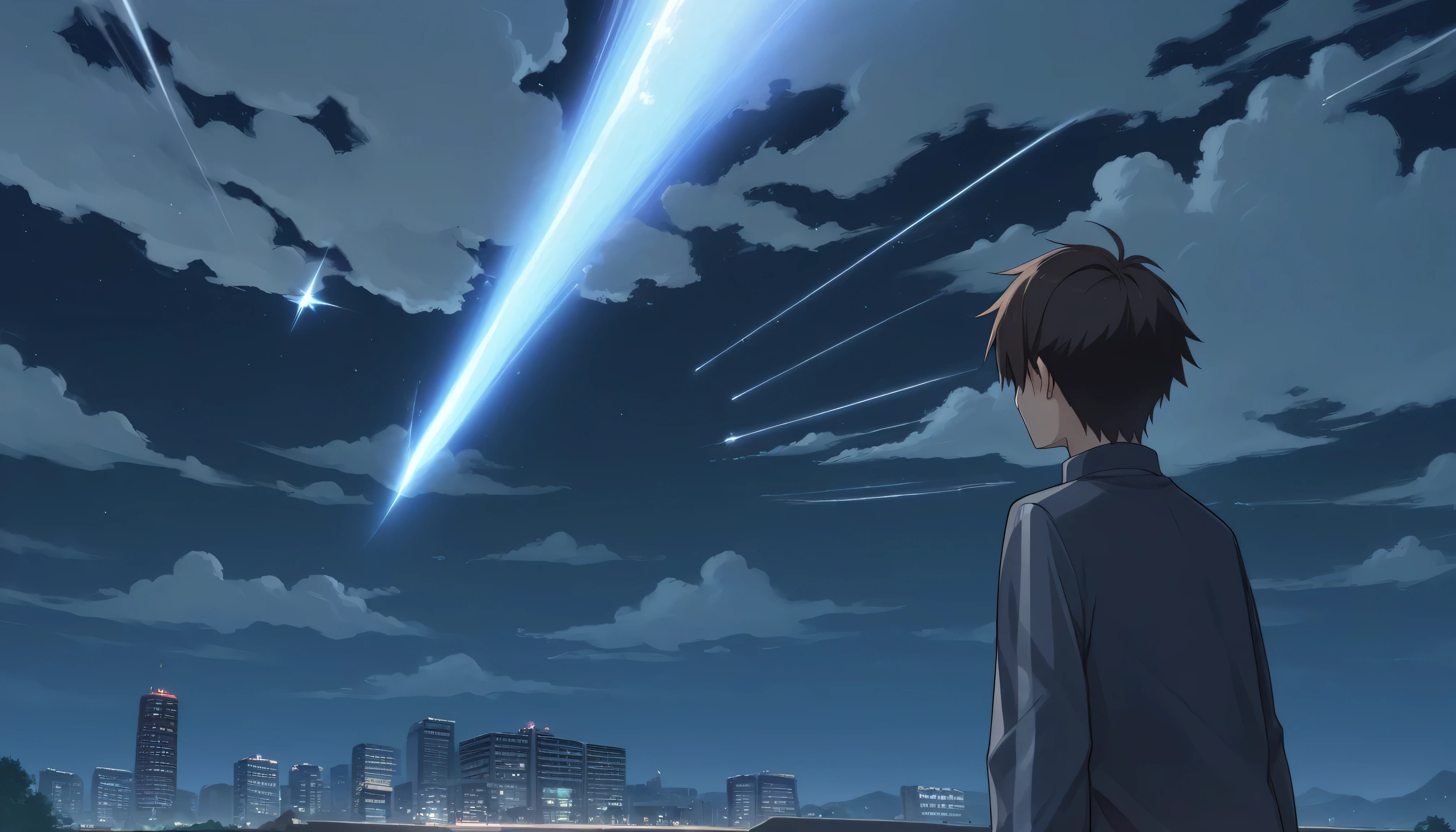 Anime scene of a woman watching a shooting star in the sky, yourname, yourname movie style, ( ( Makoto Shinkai ) ), Makoto Shinkai movie, Makoto Shinkai. —h 2160, Makoto Shinkai!, Makoto Shinkai!!, Incredible anime movie scenes, mokoto shinkai、８K