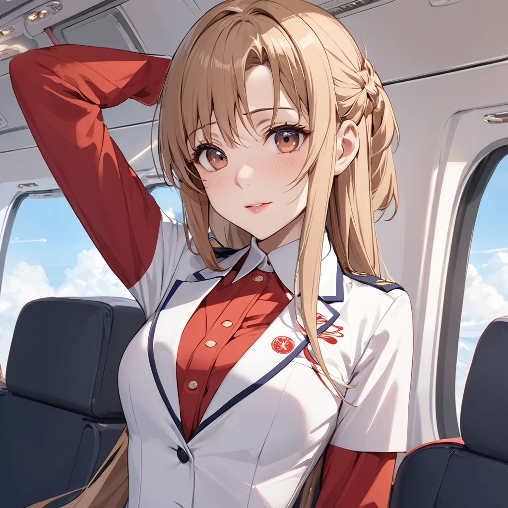 ((Highest quality)), ((masterpiece)), (detailed), (Perfect Face)、The woman is a Chinese flight attendant for Air China, named Yuuki Asuna, with light brown, medium-long hair.、The woman is wearing the red uniform of an Air China flight attendant.