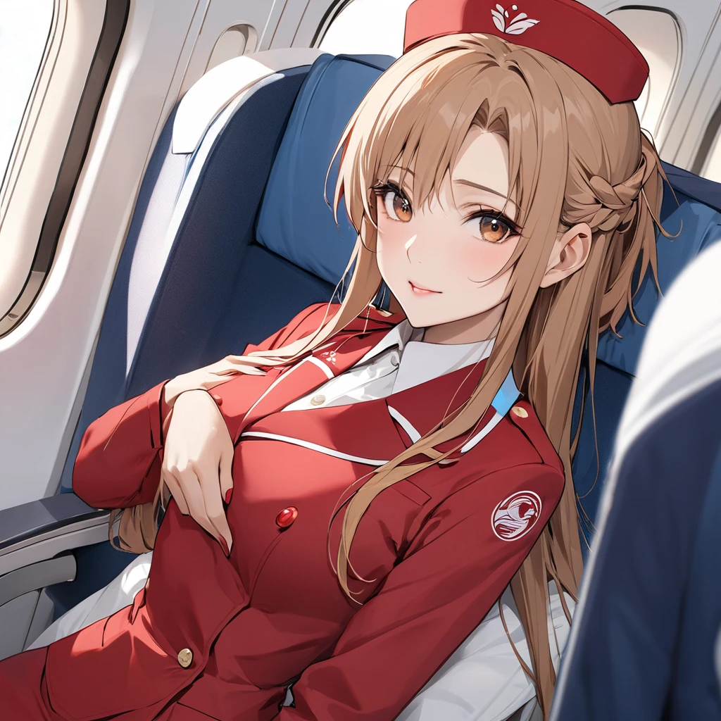 ((Highest quality)), ((masterpiece)), (detailed), (Perfect Face)、The woman is a Chinese flight attendant for Air China, named Yuuki Asuna, with light brown, medium-long hair.、The woman is wearing the red uniform of an Air China flight attendant.