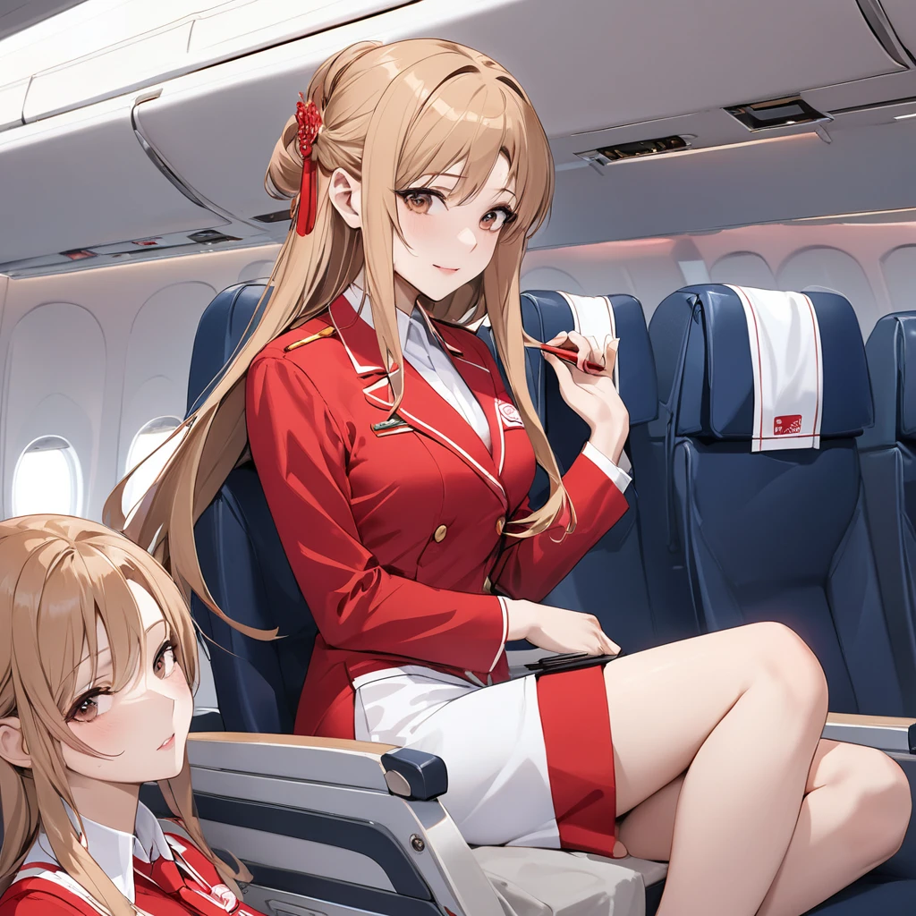 ((Highest quality)), ((masterpiece)), (detailed), (Perfect Face)、The woman is a Chinese flight attendant for Air China, named Yuuki Asuna, with light brown, medium-long hair.、The woman is wearing the red uniform of an Air China flight attendant.