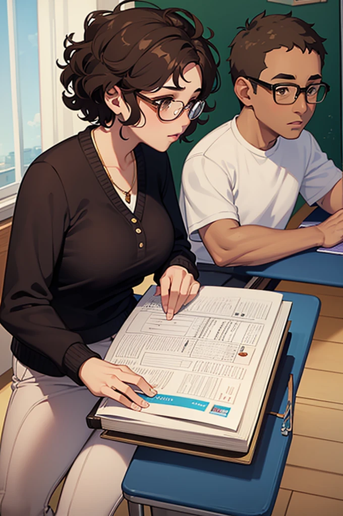 brown skin girl, gorda, very curly and short hair, Glasses, Brown eyes, short, of 14 years, next to his white-skinned math teacher kissing