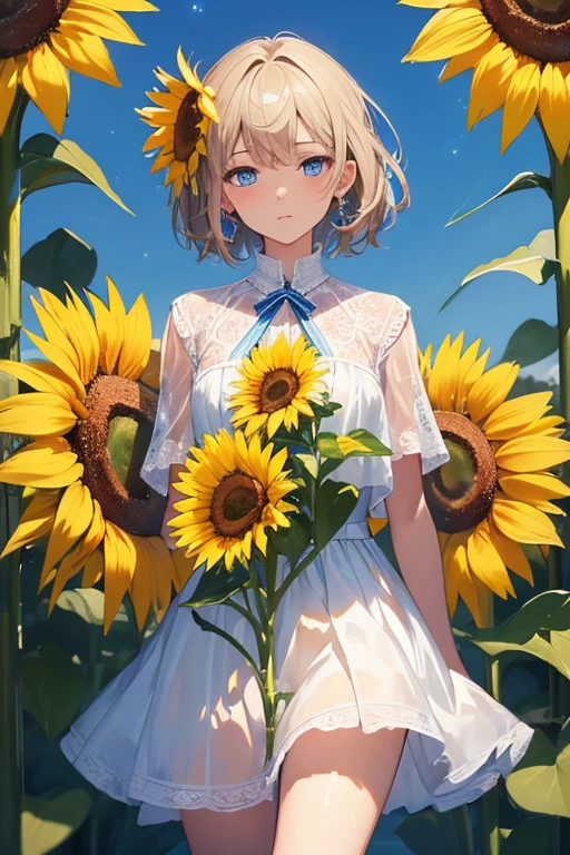 ((masterpiece, Highest quality)), High resolution, 8k, Cinematic Light, High Contrast, Written boundary depth, Strong brilliance, Detailed Background, One 18-year-old girl, cute, fine grain,Short Hair, Sparkling blue eyes, Detailed Iris, (Sunflower motif)