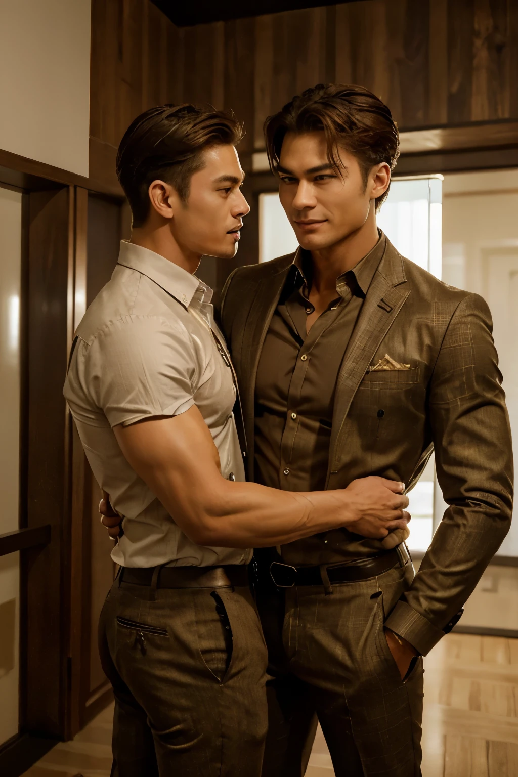 (Best quality, Ultra detailed, Golden ratio, Masterpiece:1.2), Theatrical lighting:0.7, Photo of a man, embracing another man with a warm and affectionate hug, Muscular and toned physique, (Defined abs, broad shoulders:1.2), (Neatly styled short hair), Korean heritage, Handsome and chiseled features, (Deep-set brown eyes, strong jawline:1.5), Clad in stylish and trendy western clothing, (Crisp dress shirt, tailored suit pants:1.3), Wearing a smile that reaches his eyes, (Germany man, embraced from behind:0.5),