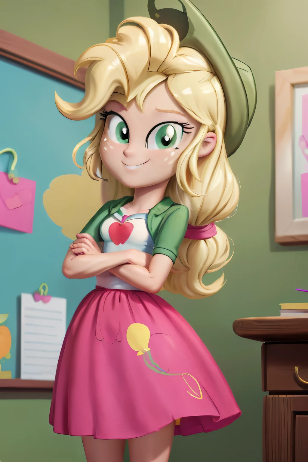 (masterpiece, best quality:1.2), cowboy shot, solo, 1girl, mlpapplejack, smile, looking at viewer, crossed arms, low-tied long hair, skirt suit, high heels, office