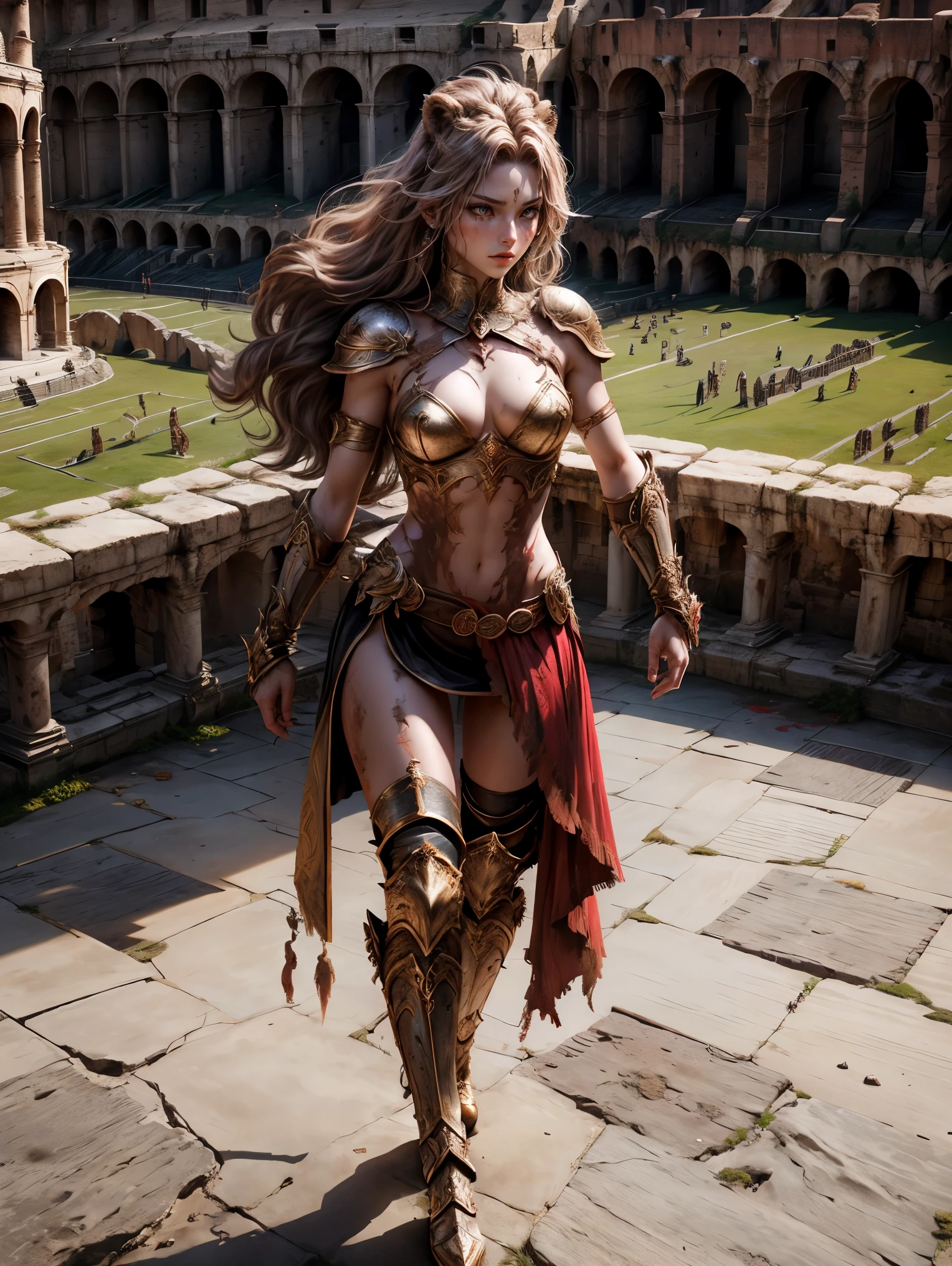 The Colosseum，A female gladiator is fighting a lion head-on，Female gladiator with scars，There is blood，Damaged clothes，Dagger in hand，There are many human corpses on the ground。Panorama，Long-range photography，Full body image