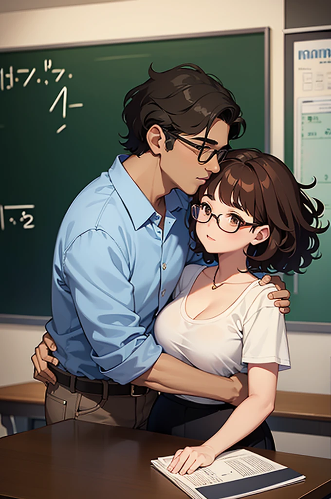 brown skin girl, gorda, very curly and short hair, Glasses, Brown eyes, short, minor with his math teacher kissing