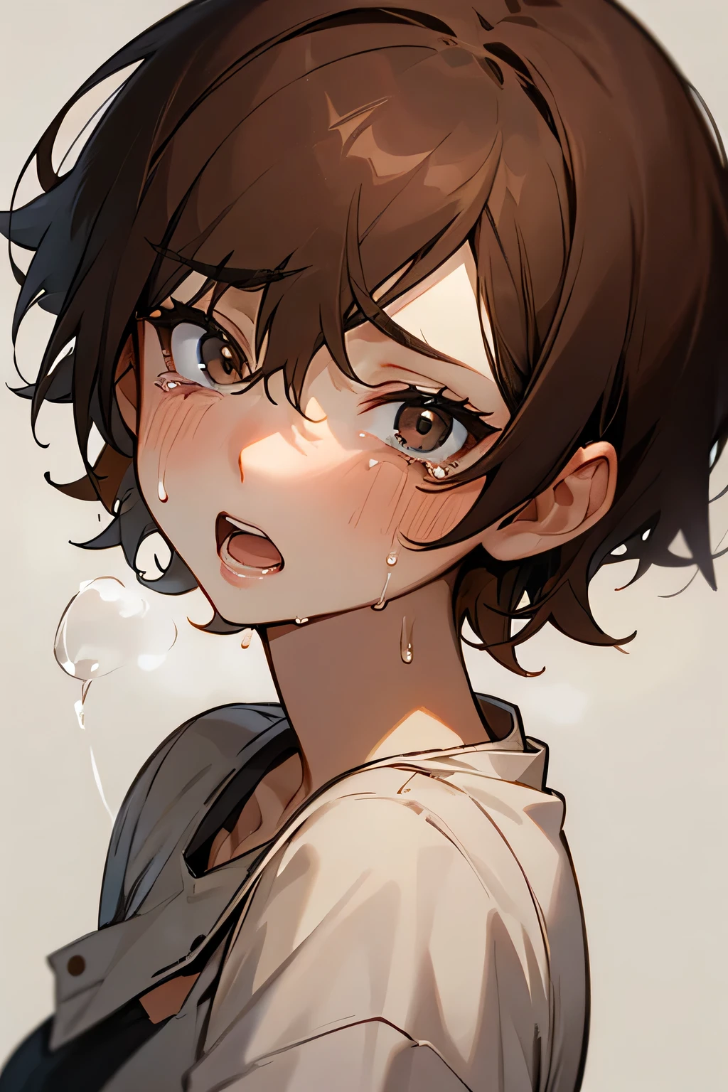 scare,short hair,brown hair,female,Cry