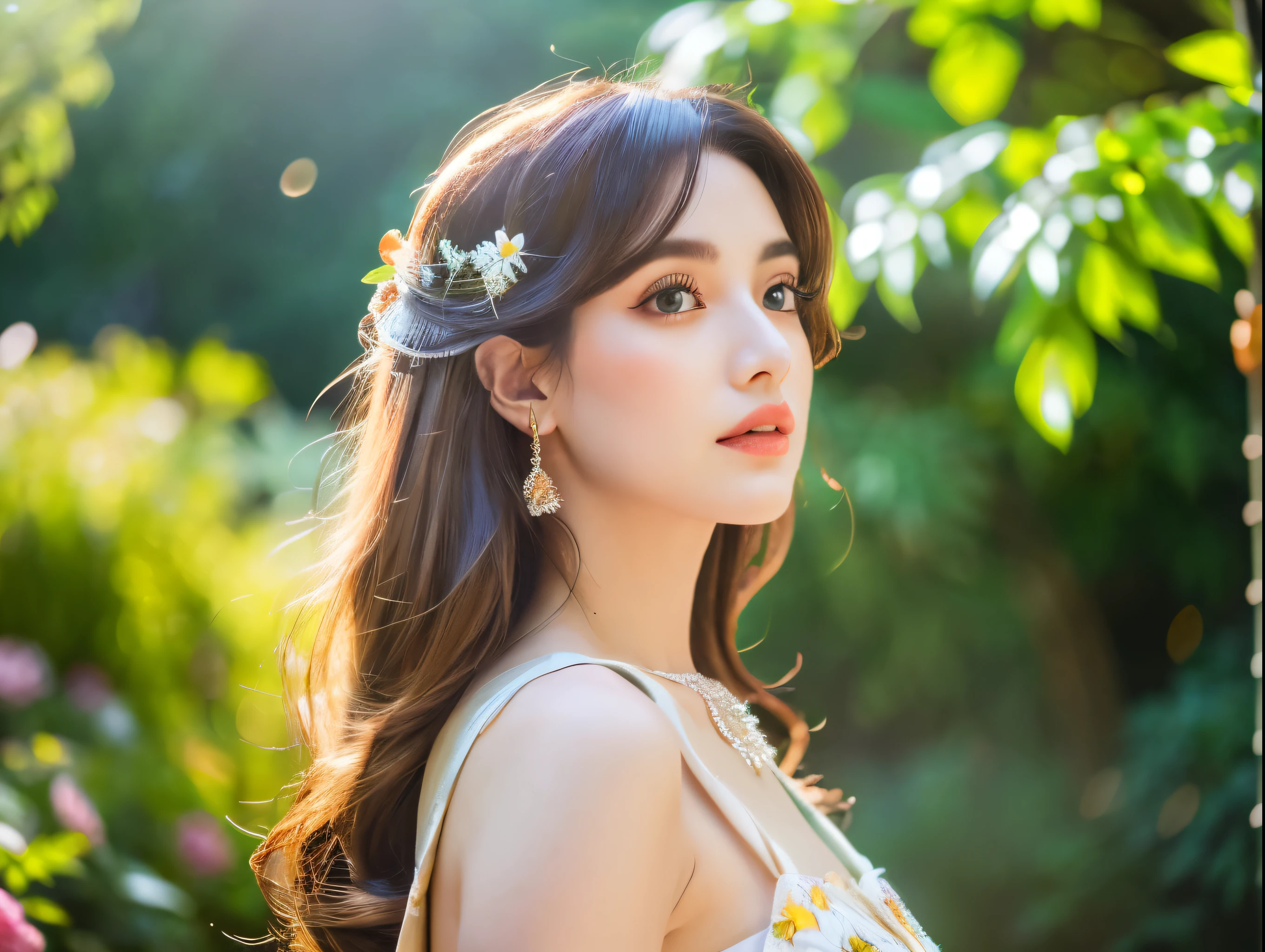 1girl, beautiful detailed eyes, beautiful detailed lips, extremely detailed face and features, longeyelashes, ethereal goddess-like figure, flowing white dress, standing in a lush garden surrounded by blooming flowers, sunlight filtering through the trees, (best quality,4k,8k,highres,masterpiece:1.2),ultra-detailed,(realistic,photorealistic,photo-realistic:1.37),intricate floral patterns, vibrant colors, soft lighting, cinematic composition, dreamlike atmosphere