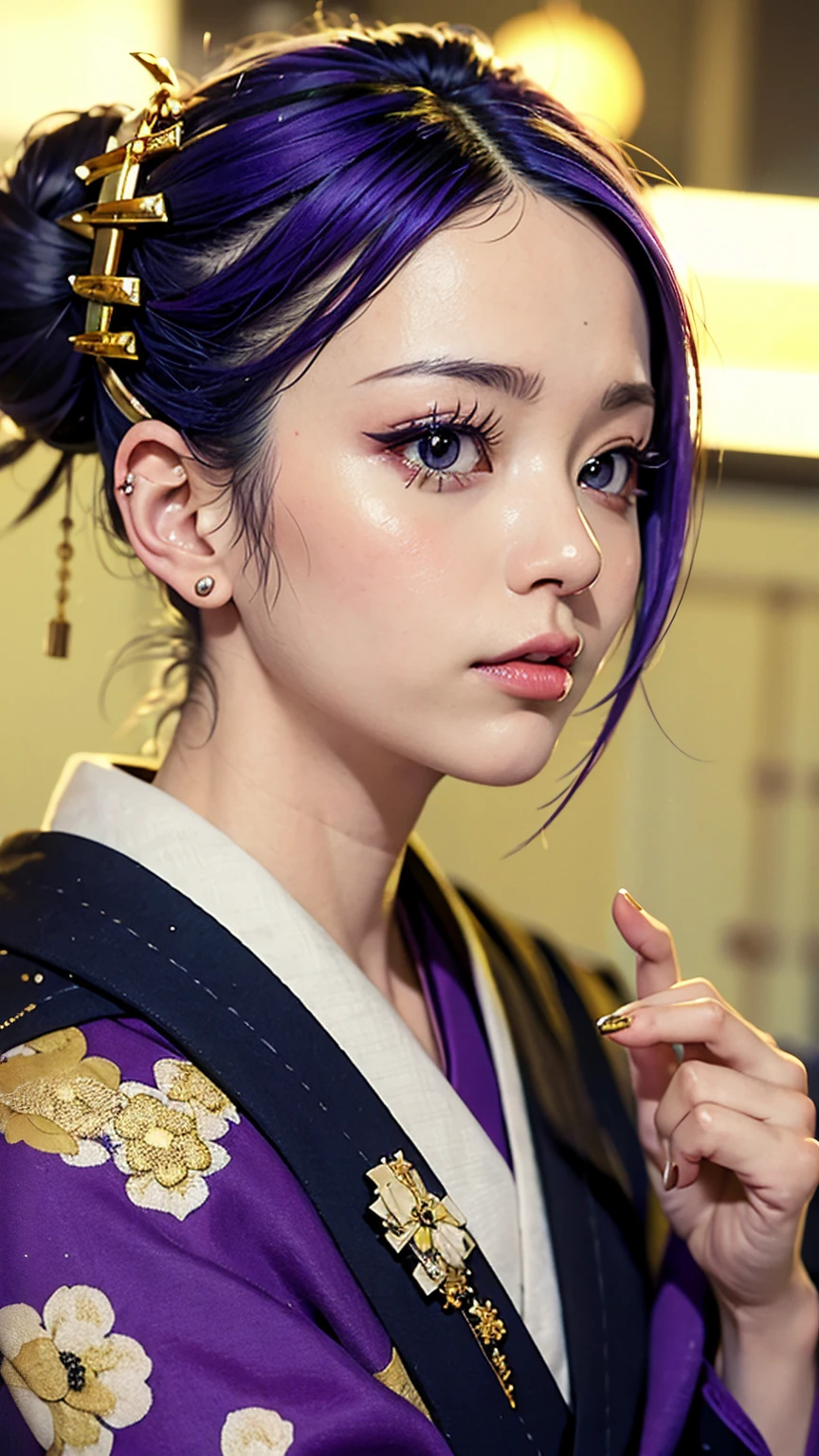 masterpiece, Highest quality, A solemn Japanese-style room with tatami mats, A large photograph of a woman from head to waist, (Close up on face:1.5), (Punk rock kimono, black地に赤+gold:1.3), (black+Purple hair color, Mid-length hair, Bun Hair), (blackい瞳, Sparkling eyes), (Long eyelashes, Eyelash extensions)
