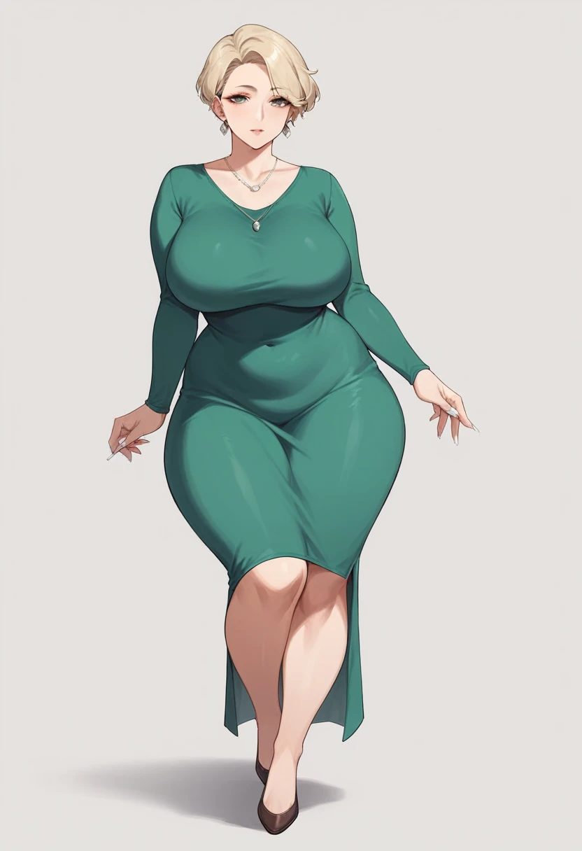 1girl, solo, (short hair hairstyle) large breasts, wide hips, thick thighs, 40 year old woman, blonde hair, small feet, white nail polish, long fingernails, full body shown, standing, tight long sleeve short green dress, flats shoes, dark brown footwear, milf, milf body, entire body shown, facing forward, earrings, small necklace