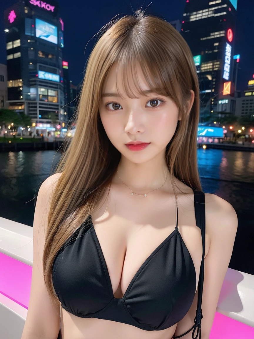 最high quality, masterpiece, 32K、Very detailed、Realistic、Four Girls, Japanese women、Cute Face, (photo Actual:1.3),Medium Hair(Blonde Hair Color、Great brown hairstyles)、Edge lighting, (Skin with attention to detail:1.2), 8k超High resolution, Single-lens reflex camera, high quality, High resolution, 4K, 8k, Optimal ratio of four fingers to one thumb, (Actual:1.3), cute Four Girls, Realistic、Super Realistic、32K、Very detailed、masterpiece, 最high quality, beautiful girl, beauty、Mecha, Beautiful lighting, (Neon Light:1.2), (night:1.5), K-POPアイドルコスチューム、Sleeveless outfit、Shorts、Large Breasts(big 、There is a valley)、Sexy outfits like black and bright pink monokini bikini、Sexy pose、Are standing、Cyber Neon、Future City、Skyscraper、都会のnight、Shanghai、big cities、night景、綺麗なnight景