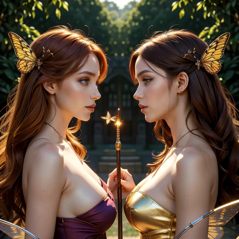 (masterpiece, best quality:1.5), highest quality, High resolution, super detailed, Realists, Upper body photo of a red-haired sorceress, detailed and beautiful eyes, beautiful detailed lips, very detailed eyes and face, longeyelashes, shiny satin dress, Holding a wand in your hand and performing a transformation spell, Magic wands present and shiny, Beautiful and colorful makeup, elegant and noble々The jewelry bag, Gardens as background, soft daylight, bright colors, fine brushstrokes, Portrait style, Silk dress fabric, beautiful color palette, glowing skin, First-class rendering, that captures every detail, enchanting atmosphere, subtle shadows and lights, (perfect anatomy:1.2), (The two stunning sorceresses transform wasps into butterflies (a transformation with the magic wand:1.4), (magnificent panorama view:1.2)