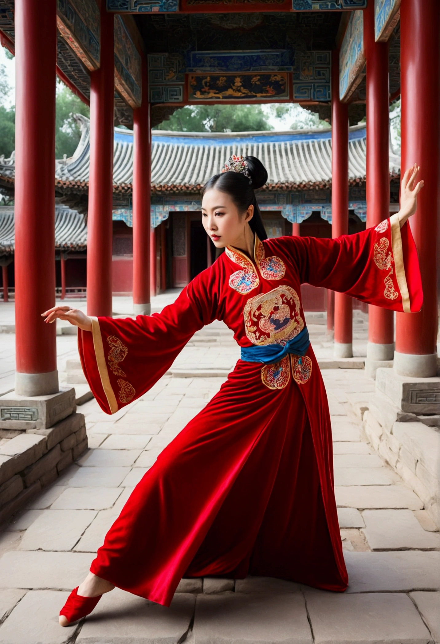 A mystical Chinese enchantress woman wearing a red velvet gown in a Qufu Confucius Temple doing Horse Hoof Kick, in the style of Silk Road style