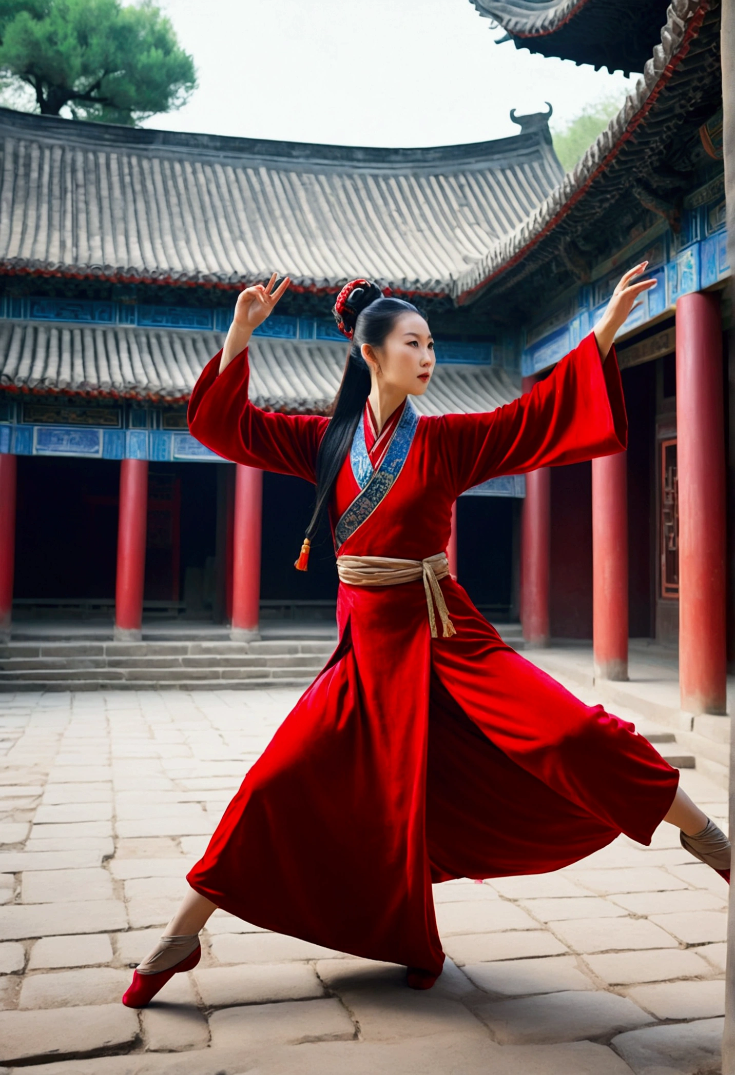 A mystical Chinese enchantress woman wearing a red velvet gown in a Qufu Confucius Temple doing Horse Hoof Kick, in the style of Silk Road style