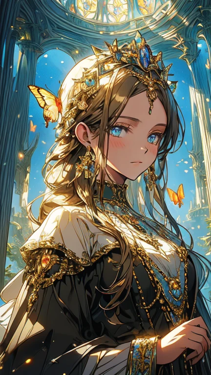(masterpiece, best quality, double ultra-detailed, best shadow), (detailed background,dark fantasy), (handsome detailed face), high contrast, (best illumination, an extremely delicate and beautiful), ((cinematic light)), colorful, hyper detail, dramatic light, intricate details, the queen of the light,detailed face,detailed eyes, dressed in a see-through dress, background is fantastic, flower garden, dome, colorful flowers, magical atmosphere, whimsical architecture, sunlight streaming through stained glass, butterflies dancing in the air, sparkling water fountains, lush greenery, vibrant colors, surreal landscape [best quality, highres], dreamlike scenery, ethereal beauty, soft lighting, enchanting ambience, dynamic angle