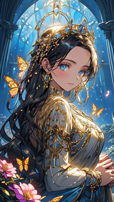 (masterpiece, best quality, double ultra-detailed, best shadow), (detailed background,dark fantasy), (handsome detailed face), high contrast, (best illumination, an extremely delicate and beautiful), ((cinematic light)), colorful, hyper detail, dramatic light, intricate details, the queen of the light,detailed face,detailed eyes, dressed in a see-through dress, background is fantastic, flower garden, dome, colorful flowers, magical atmosphere, whimsical architecture, sunlight streaming through stained glass, butterflies dancing in the air, sparkling water fountains, lush greenery, vibrant colors, surreal landscape [best quality, highres], dreamlike scenery, ethereal beauty, soft lighting, enchanting ambience, dynamic angle
