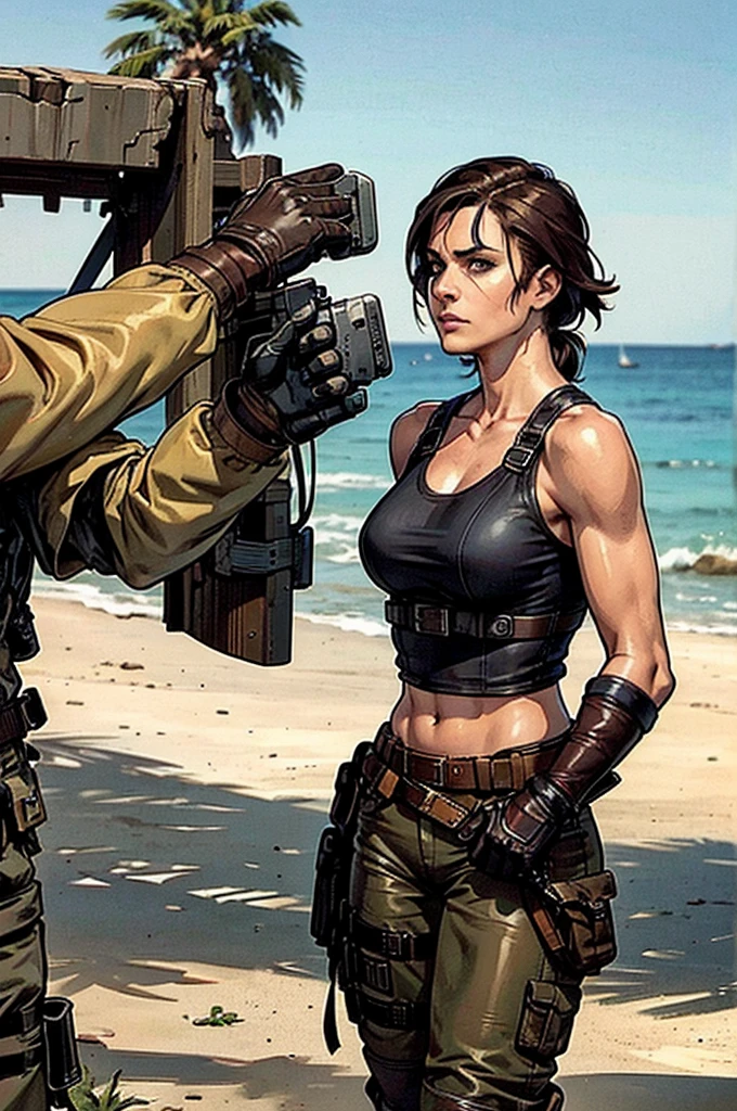 a military woman, well trained body, white sleeveless t-shirt, Exposed collarbone, beige leather shelter, blue pants, two leather belts with gun pockets, dark brown hair, carving, Brown eyes, hazel left eye, left eye with a scar, beach shore, at daytime, walking towards the viewer, serious expression, threatening expression looking at viewer, sparkling beach, palm trees around, leather gloves on his hands, In a post-apocalyptic environment, post - apocalyptic cowgirl, Post - Apocalyptic style, Post apocalyptic clothing, pose, post-apocalyptic, Postapocalyptic style, post apocalyptic grunge, Post - Apocalyptic Scavenger. (Ultra quality) 8k quality, detailed, perfect light, perfect angle, perfect sharpness.