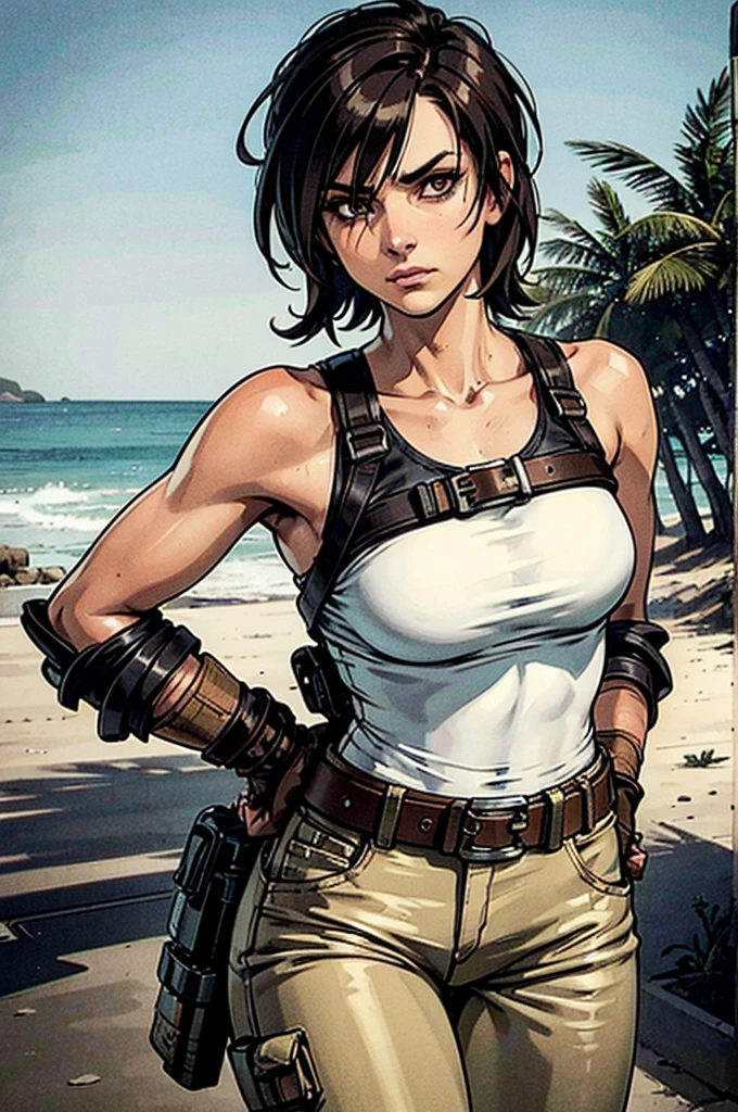 a military woman, well trained body, white sleeveless t-shirt, Exposed collarbone, beige leather shelter, blue pants, two leather belts with gun pockets, dark brown hair, carving, Brown eyes, hazel left eye, left eye with a scar, beach shore, at daytime, walking towards the viewer, serious expression, threatening expression looking at viewer, sparkling beach, palm trees around, leather gloves on his hands, In a post-apocalyptic environment, post - apocalyptic cowgirl, Post - Apocalyptic style, Post apocalyptic clothing, pose, post-apocalyptic, Postapocalyptic style, post apocalyptic grunge, Post - Apocalyptic Scavenger. (Ultra quality) 8k quality, detailed, perfect light, perfect angle, perfect sharpness.