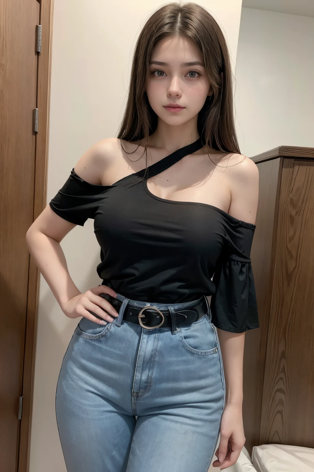 Beautiful 18-year-old brunette girl wearing a one-shoulder blouse with one hand on her waist and one hand on her head wearing high-waisted jeans and a black belt showing her navel