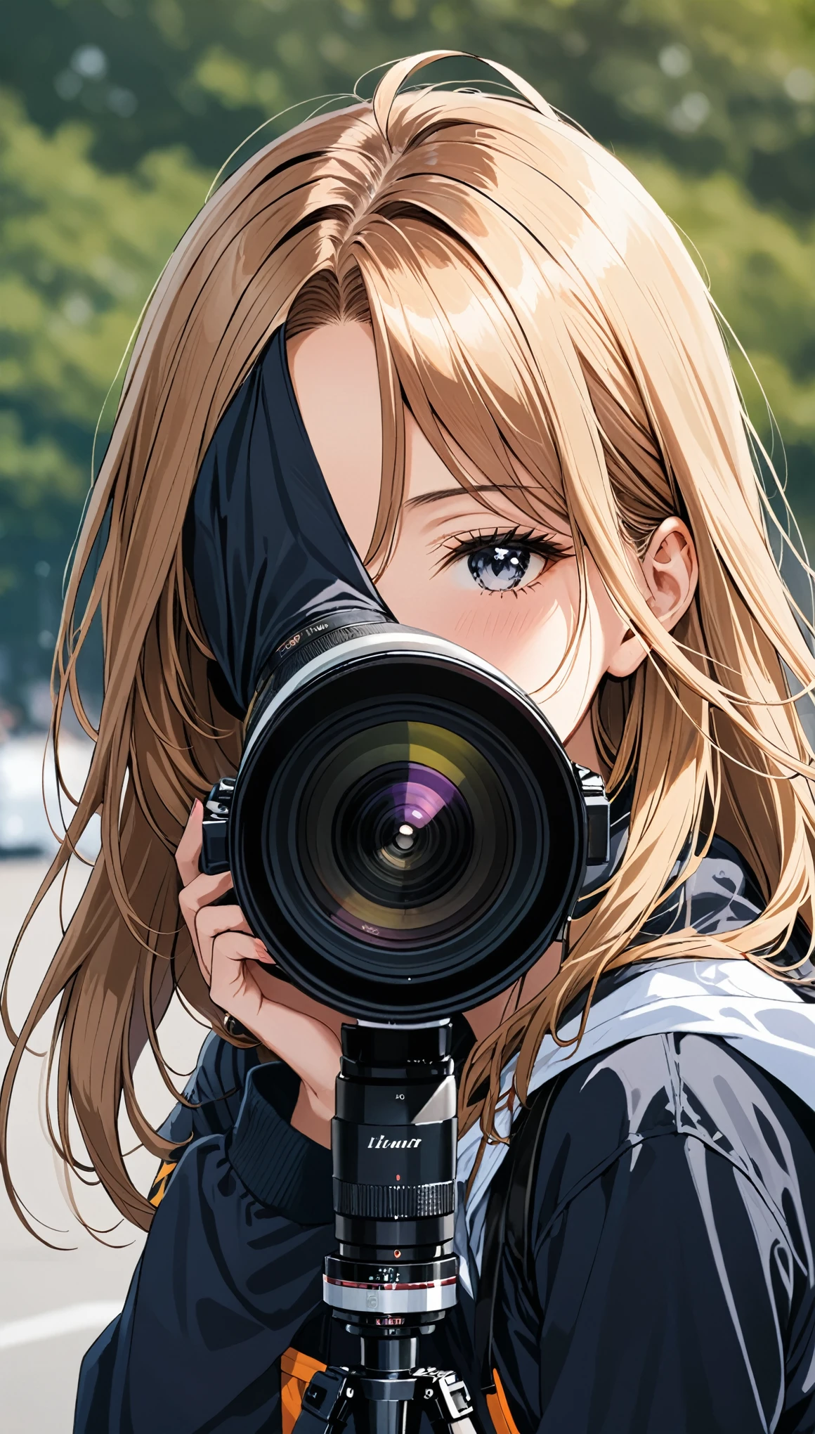 1girl,([face covered by hair :huge telephoto lens face:5],