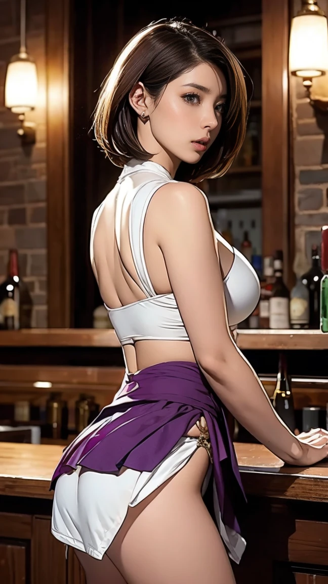 (masterpiece, best quality), Look back,Female adventurers in a medieval fantasy world、 (at the bar), gentlemen..々hairstyle, harem, night, Detailed aspects, Athriya:1.5, Athriya:1.3, short hair, Short cut, Embroidered pattern ultra short pleated mini skirt, seduce, Sleeveless, armor 、Scapula、Show off butterfly micro briefs:1.25、Large Breasts、Big Ass、Wide waist、pull up their skirts,knee socks,