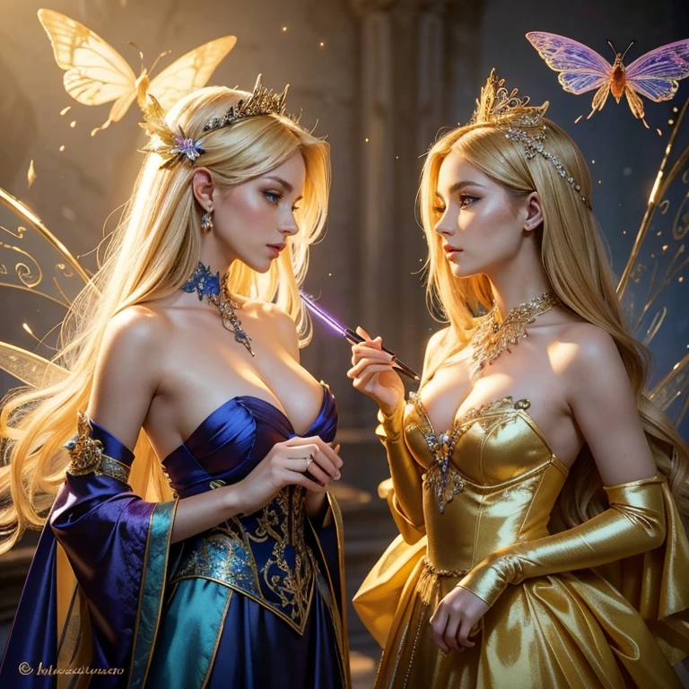 (masterpiece, best quality:1.5), highest quality, High resolution, super detailed, Realists, Upper body photo of a blonde sorceress, detailed and beautiful eyes, beautiful detailed lips, very detailed eyes and face, longeyelashes, shiny satin dress, Holding a wand in your hand and performing a transformation spell, Magic wands present and shiny, Beautiful and colorful makeup, elegant and noble々The jewelry bag, Gardens as background, soft daylight, bright colors, fine brushstrokes, Portrait style, Silk dress fabric, beautiful color palette, glowing skin, First-class rendering, that captures every detail, enchanting atmosphere, subtle shadows and lights, (perfect anatomy:1.2), (The two stunning sorceresses transform spiders into butterflies (a transformation with the magic wand:1.4), (magnificent panorama view:1.2)
