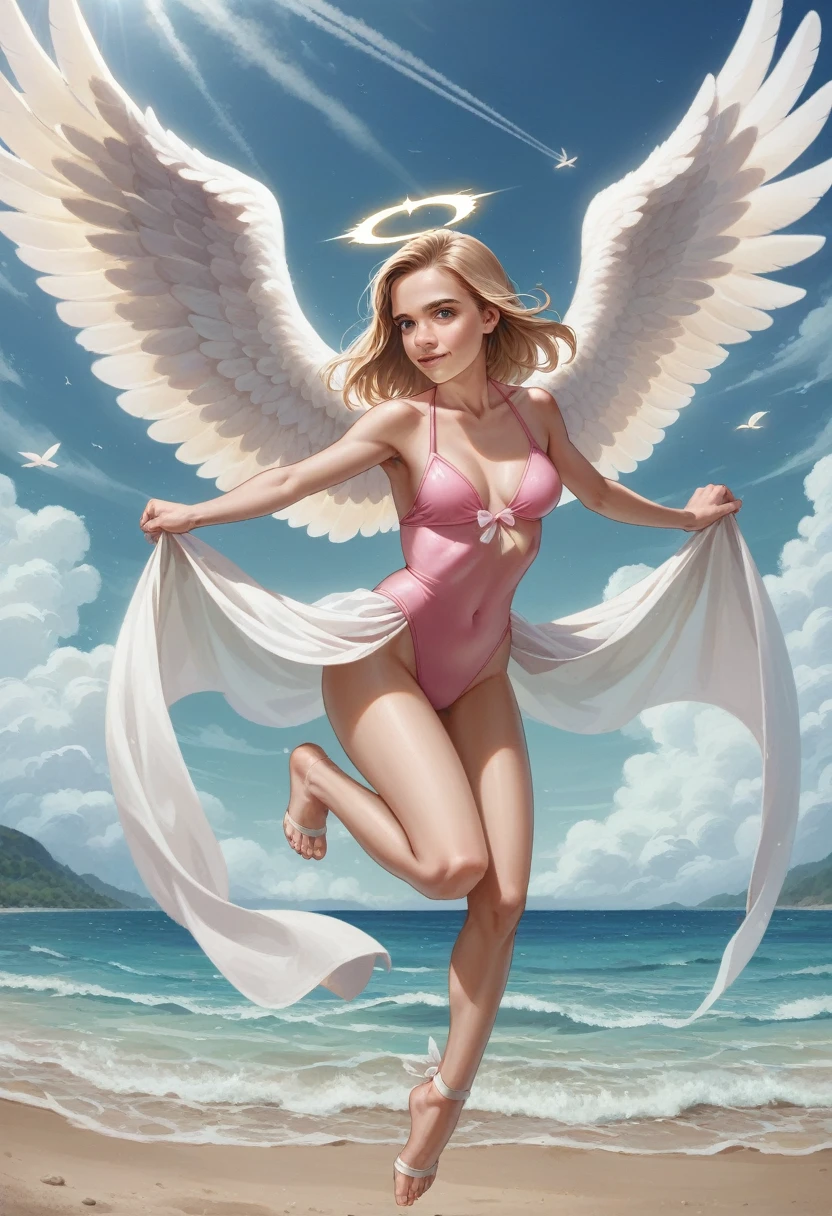 blond angel girl in pink swimsuit flying over a beach, inspired by Marie Angel, angel girl, of an beautiful angel girl, angelical, biblical accurate angel, possibly an angel, an angel, taylor swift as a heavenly angel, angel, emma watson as an angel, winged girl angel, beautiful angel, angel knight girl, beautiful female angel, young wan angel