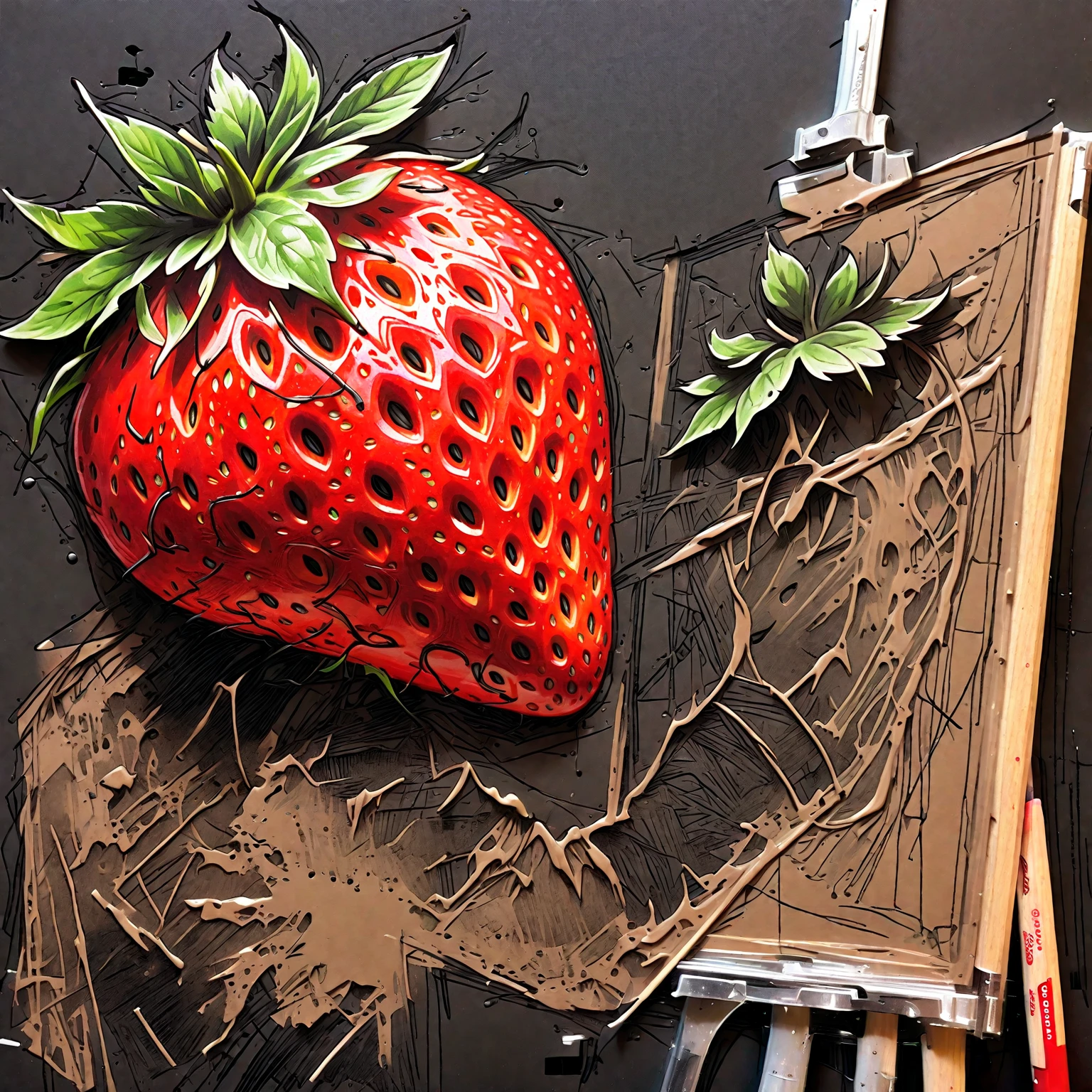 Strawberry Artist: A strawberry painting a masterpiece on a canvas. 🍓🎨, The sketch uses angular and expressive lines in an incomplete, unfinished style, evoking a sense of decay. the style blends the art aesthetics of Sean Gordon Murphy and Joelle Jones with a rough sketch charcoal art style. The sketch shows rough-draft pencil lines underneath with bold lines over a rough-sketch inking, using an ink and charcoal
