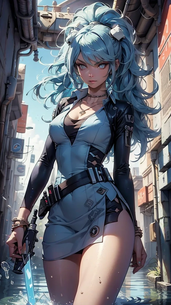 Jedi, Lightsaber, Tight tunics, legs, alien, curve, serious, Blue lightsaber, (Best quality)+, Masterpiece+Length of blue hair to the middle of the back, with a necklace and a blue dress and white, a halo of water over the head, Scales visible on the body and face, NSFW,pele ultra-realista,T-POSE, A-POSE,MODEL SHEET, 3d style, sexy