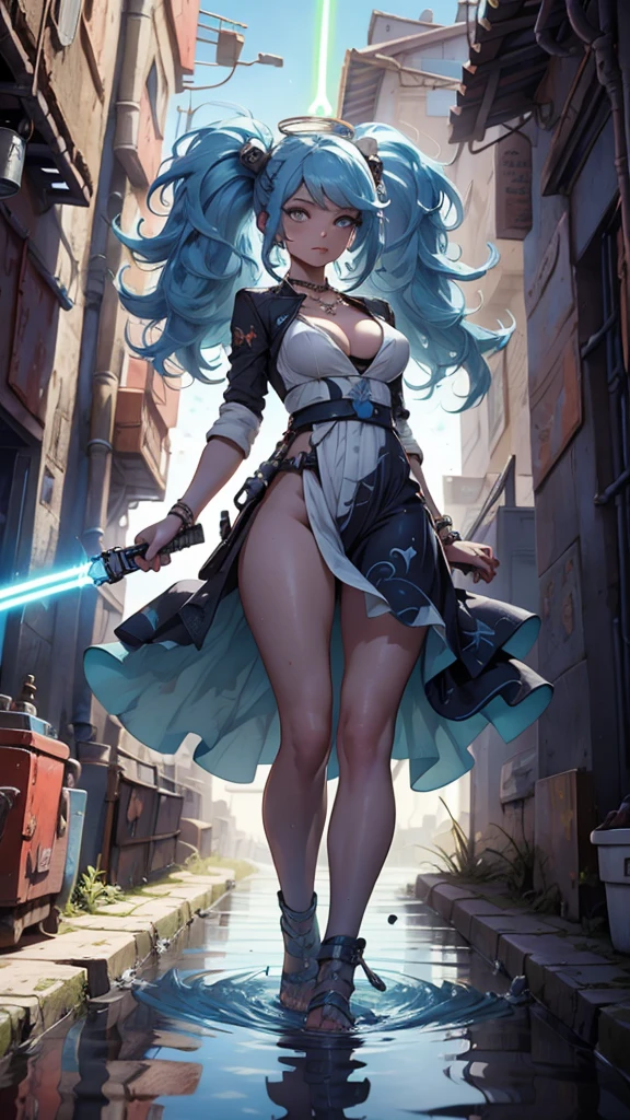 Jedi, Lightsaber, Tight tunics, legs, alien, curve, serious, Blue lightsaber, (Best quality)+, Masterpiece+Length of blue hair to the middle of the back, with a necklace and a blue dress and white, a halo of water over the head, Scales visible on the body and face, NSFW,pele ultra-realista,T-POSE, A-POSE,MODEL SHEET, 3d style, sexy