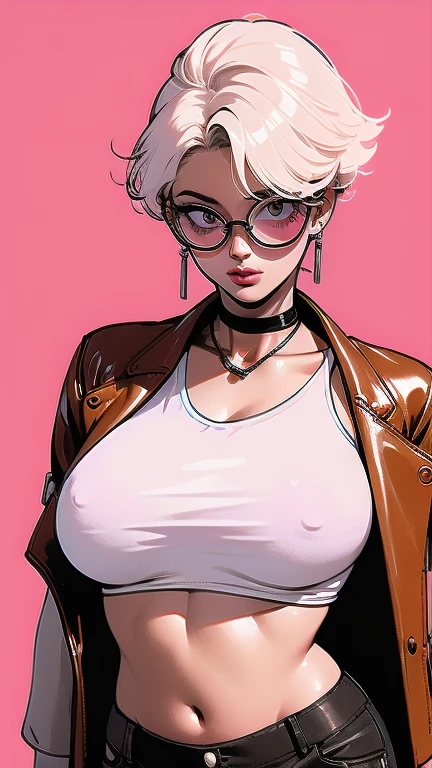 (masterpiece), best quality, expressive eyes, perfect face(masterpiece), best quality, expressive eyes, perfect face, a woman, 25 age,  80s style, short white hair, bronze skin, large breasts, big , brown leather jacket, amber eyes, aviator glasses, shirtless, under , pink nipples, neon city background, holsters, spike chocker, crop t-shirt