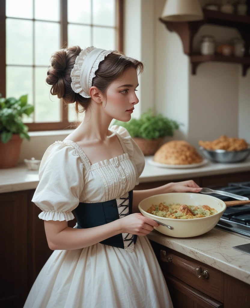 a woman cook mixture is stuffed into the natural casing of the small intestine of the pig Victorian cuisine