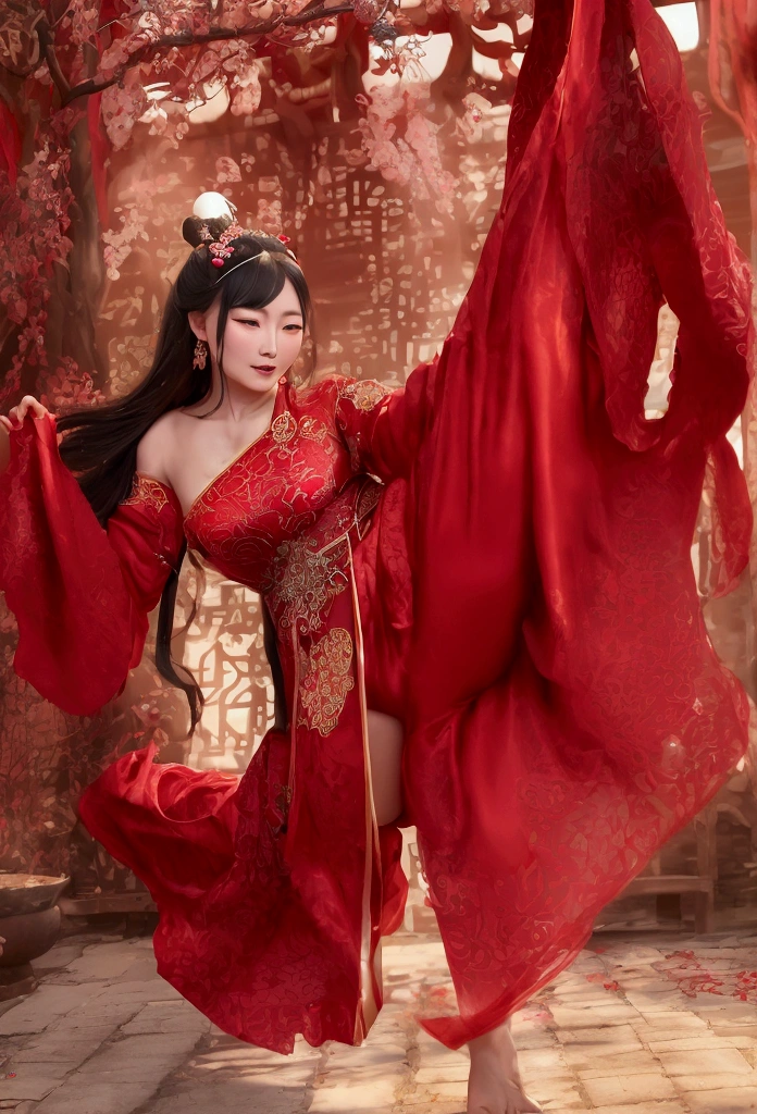 A mystical Chinese enchantress woman wearing a red velvet gown in a Qufu Confucius Temple doing Horse Hoof Kick, in the style of Silk Road style