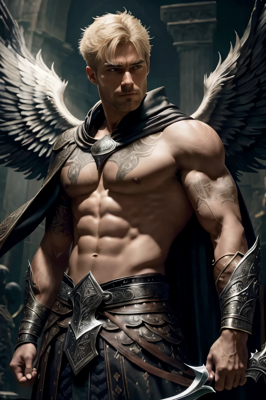 An imposing angelic warrior with short, blond hair, a stubble beard, and pointy wolf ears. He sports a muscular physique with a large chest. His eyes are gold with a hint of green, and he has glowing angelic tattoos on his arm. He wears ornate bracelets and a belt adorned with animal skins and trinkets. He has simple, handcrafted leather armor. He is draped in a cloak that may hide his black angelic wings. In a dynamic pose, he is holding King Arthur's Excalibur