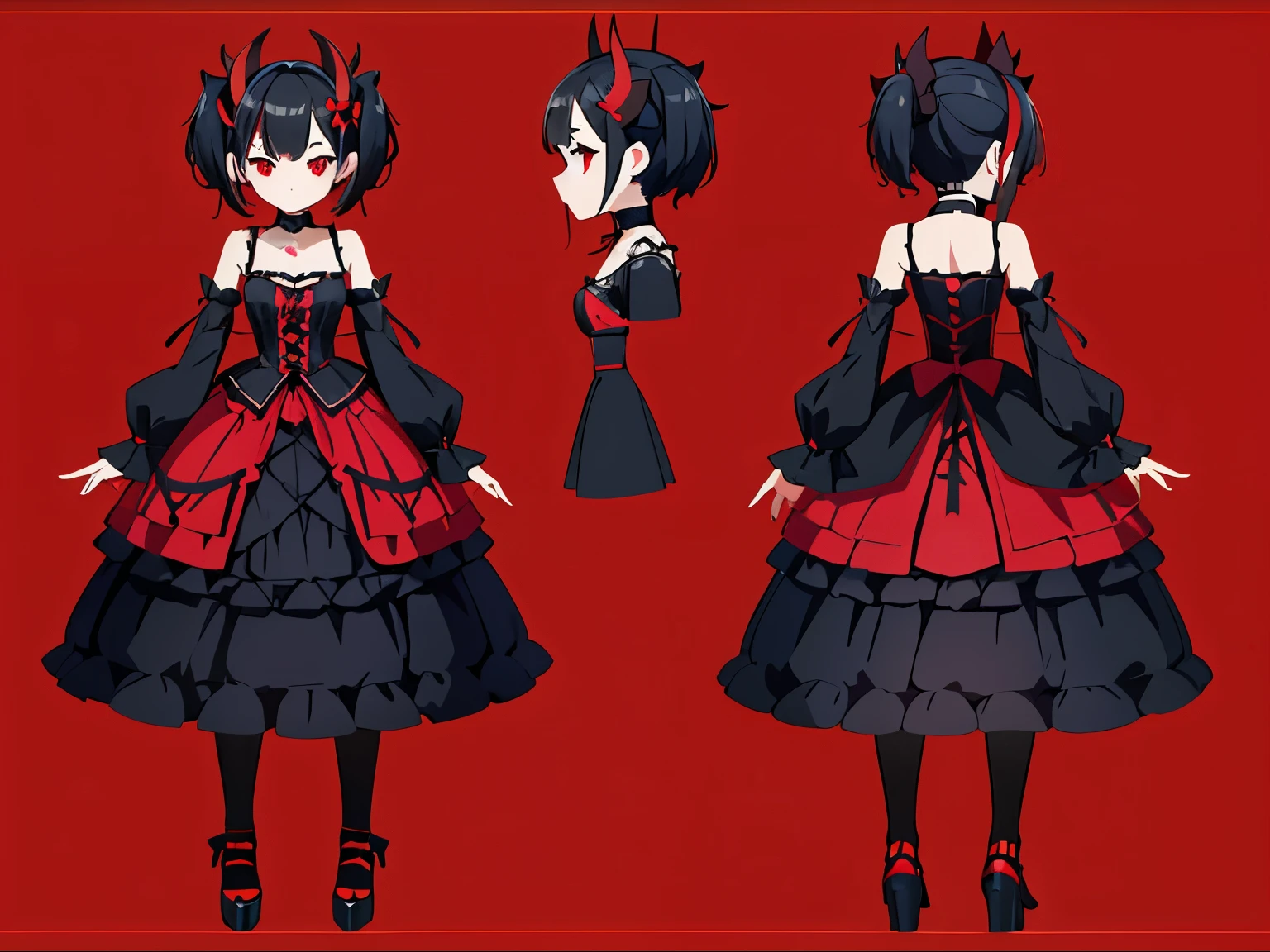 simple background, full body, character sheet, three view drawing, front and back and side, standing girl, top quality, A mischievous-looking female Vtuber with a devilish appearance. She has small horns, devil wings, and a pointed tail. She has short black hair with vivid red highlights, styled in a dynamic manner. Her sharp red eyes have a slightly provocative expression. She is dressed in a gothic lolita outfit with black and red as the main colors, featuring frills and lace details. Accessories include a choker, rings, and bracelets with devilish motifs.