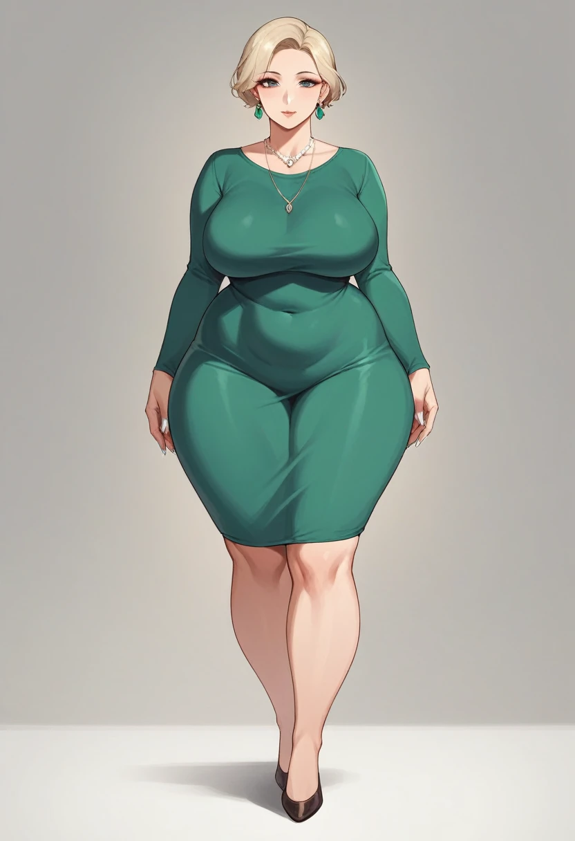 1girl, solo, (short hair hairstyle) large breasts, wide hips, thick thighs, 40 year old woman, blonde hair, small feet, white nail polish, long fingernails,  full body shown, standing, tight long sleeve short green dress, flats shoes, dark brown footwear, milf, milf body, entire body shown, facing forward, earrings, small necklace