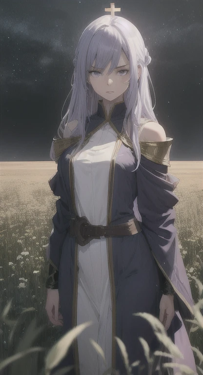 Savage, young woman, Celestial mage, blue, purple eyes, sacred robes, SFW, field, confused look,