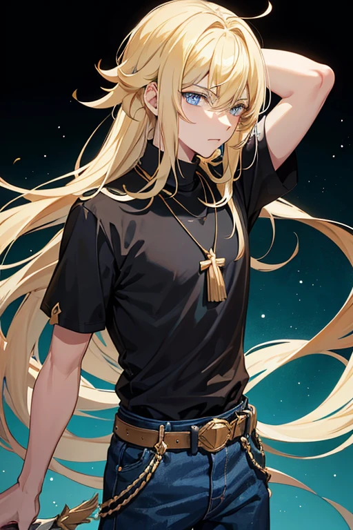 Tartaglia from Genshin Impact, boy, 16 years old, messy blonde hair with bangs, blue eyes, black shirt with a green stripe, necklace with golden cross, blue jeans, light black belt, profile looking directly at the viewer, white background.