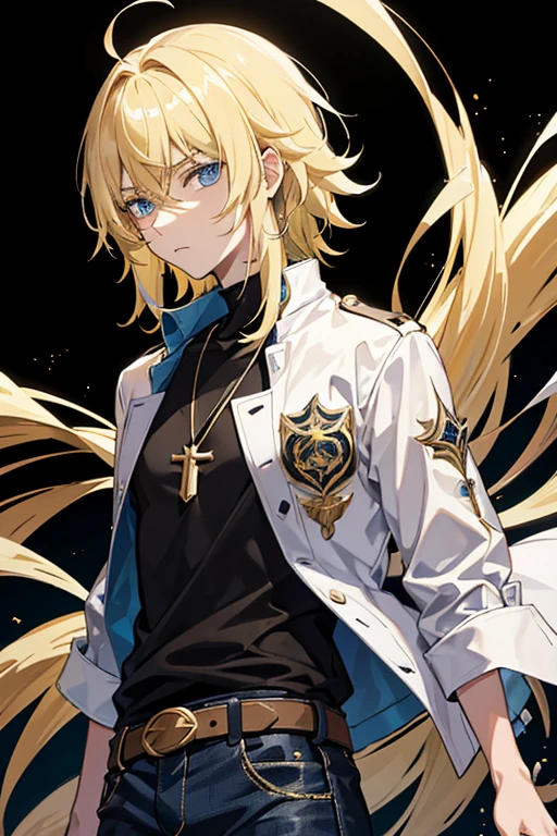 Tartaglia from Genshin Impact, boy, 16 years old, messy blonde hair with bangs, blue eyes, black shirt with a green stripe, necklace with golden cross, blue jeans, light black belt, profile looking directly at the viewer, white background.