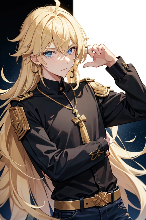 Tartaglia from Genshin Impact, boy, , messy blonde hair with bangs, blue eyes, black shirt with a green stripe, necklace with golden cross, blue jeans, light black belt, profile looking directly at the viewer, white background.