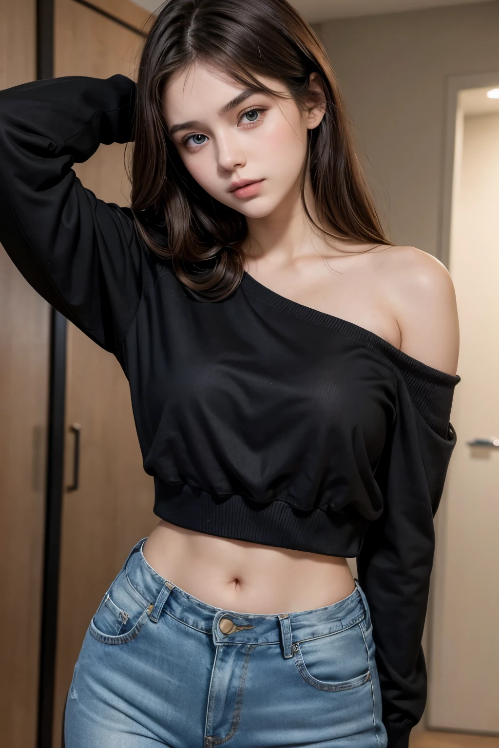 Beautiful 18 year old brunette girl wearing a short one shoulder blouse with one hand on her waist and one hand on her head wearing high waisted jeans and wearing a black belt showing her navel