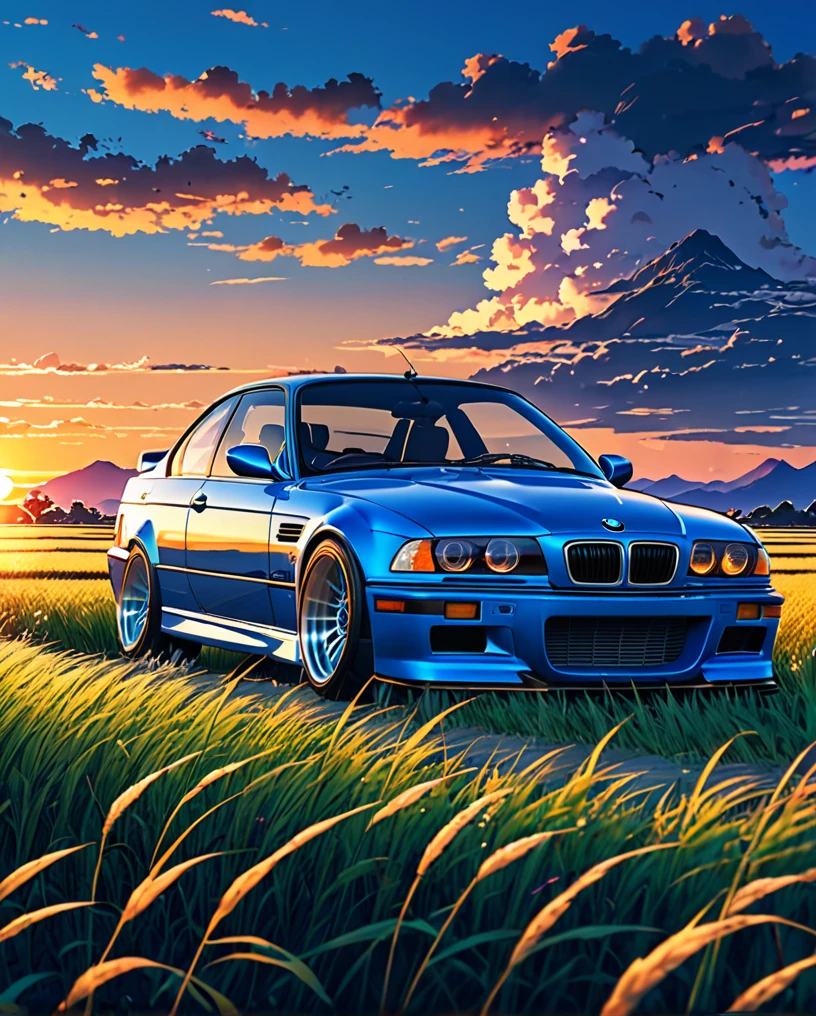 A classic BMW M3 E36 sports car in ABS blue、Anime scenery of a girl sitting in tall grass with a sunset in the background.Beautiful anime scene, Beautiful anime peace scenes, Makoto Shinkai Cyril Rolland, Beautiful anime scene, Awesome Wallpapers, Anime Art Wallpapers 8K, Anime Background, artistic Anime Background, anime wallpaper 4k, Anime Art 4K Wallpaper, Anime Wallpaper Art 4k,