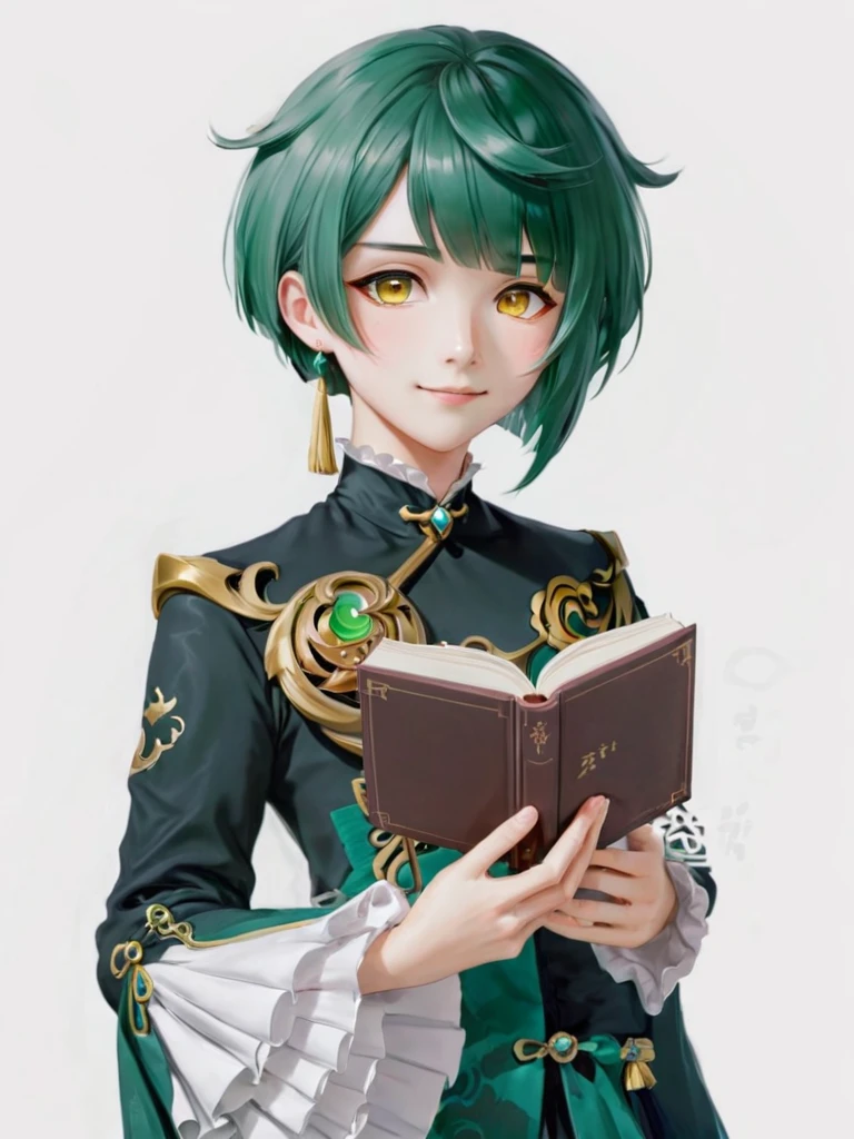 Xingqiu_\(Genshin Impact_Impact\), 一人in, Book, white_background, single_Earrings, Holding_Book, Earringss, jewelry, One girl, green_hair, Simple_background, Holding, male_concentrated, Frillsの_sleeve, upper_body, smile, Frills, length_sleeve, Looking_in_Audience, Closed_mouth, 前hair, yellow_eye, Tassel, flower, Open_Book, short_hair